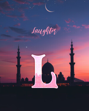Letter 'L' with a mosque silhouette against a colorful sunset and crescent moon.