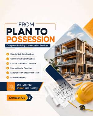 A promotional advertisement for professional building construction services showing a modern house, architectural blueprints, a yellow hard hat, and a measuring tape on a clean background.