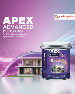 Asian Paints Apex Advanced Dust Proof paint can with house illustration