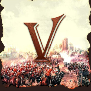 Movie poster for V for Vendetta featuring a large 'V' symbol over a battle scene.