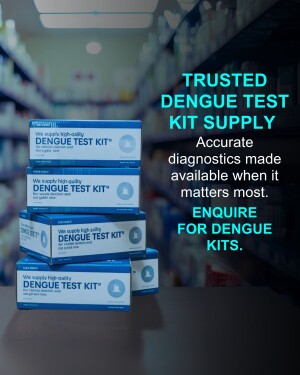 Stack of Dengue Test Kits in a pharmacy with 'Trusted Dengue Test Supply' text overlay.
