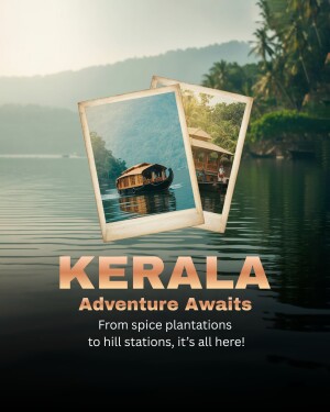 Kerala travel advertisement featuring a houseboat on a lake and the text 'Kerala Adventure Awaits'