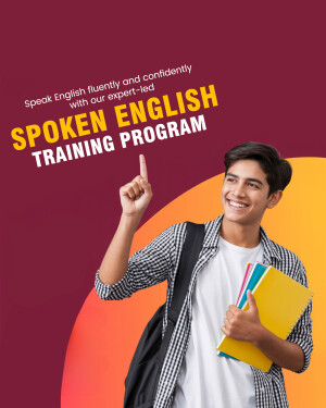 Young man with books promoting a spoken English training program.