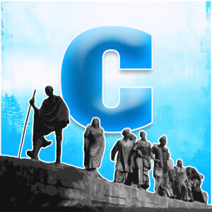 Image depicting Mahatma Gandhi leading the Dandi March with a large letter 'C' superimposed.