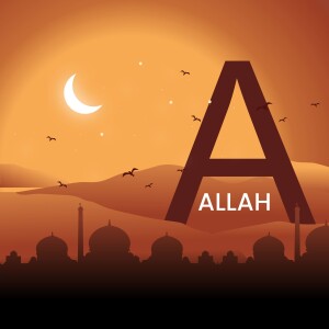 Islamic calligraphy of the letter 'A' with a crescent moon and mosque silhouette
