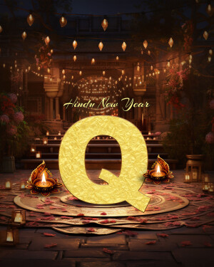 Golden letter Q with Diwali lamps and festive decorations for Hindu New Year