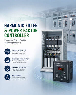A graphic showing a Harmonic Filter and Power Factor Controller unit with key benefits listed.