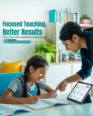 A tutor assisting a young girl with her studies using a tablet.