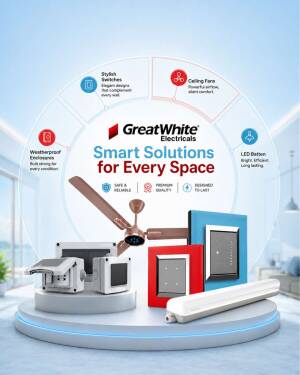 A collection of GreatWhite Electricals products including a ceiling fan, switches, and LED batten on display.