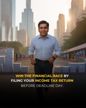 Man in business attire standing in front of a city skyline with a tax filing deadline message.