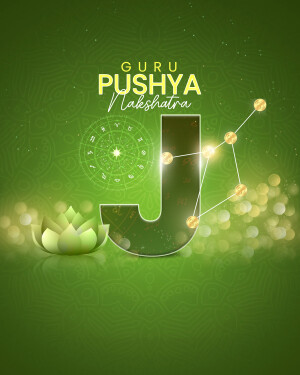 Graphic illustration for Guru Pushya Nakshatra, featuring a stylized 'J' and lotus flower.