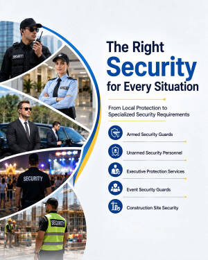 Collage of various security guard roles including executive protection, armed and unarmed guards, event and construction site security.