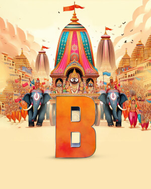 Illustration of the Jagannath Rath Yatra procession with a prominent letter 'B' in the foreground.