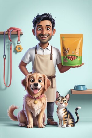 Illustration of a man holding a bag of pet food with a dog and cat.