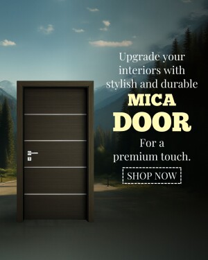 Brown Mica door with a mountain backdrop and promotional text.
