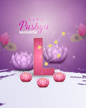 Illustration of the letter 'L' with lotus flowers and constellation design for Pushya Nakshatra.