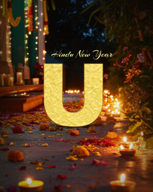 Golden letter 'U' with Hindu New Year decorations and lit candles