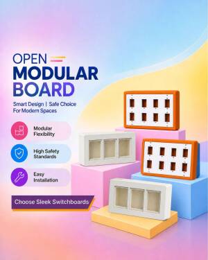 Modern open modular electric switchboards displayed on colorful podiums