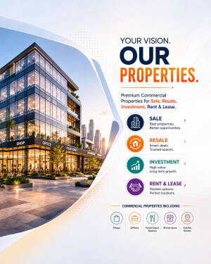 A modern commercial building featuring retail shops and office spaces with service options for sale, resale, investment, and lease.