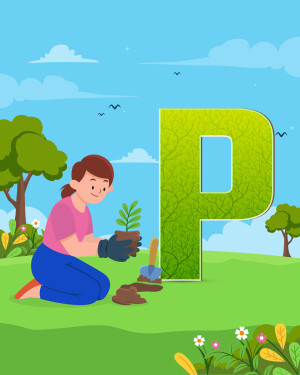 Illustration of a girl planting a seedling with a large letter 'P' made of leaves in the background.