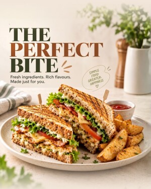 A gourmet grilled sandwich served with potato wedges and ketchup on a light background