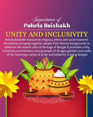 Illustration depicting the importance of Pohela Boishakh, unity, and inclusivity with traditional Bengali elements.