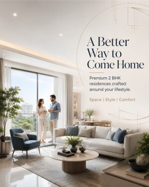 A young couple standing in a modern, light-filled luxury apartment living room with contemporary furniture.