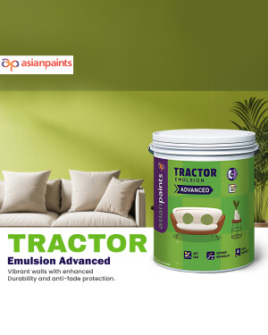 Asian Paints Tractor Emulsion Advanced paint can with living room background