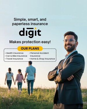 Man in a suit promoting Digit Insurance with a family in the background