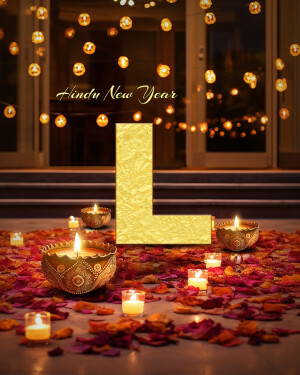 Hindu New Year greeting with golden letter 'L' and candles