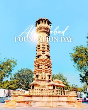 Historical tower in Ahmedabad with 'Foundation Day' text overlay