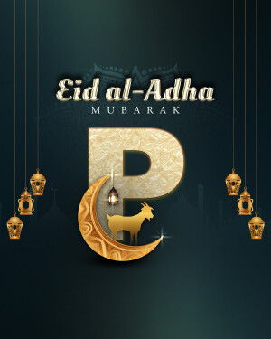 Eid al-Adha Mubarak with golden crescent moon, goat, and lanterns