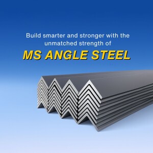 Stack of MS Angle Steel with text promoting its strength