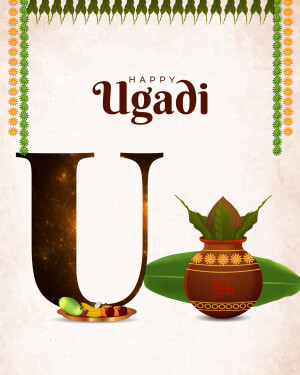 Ugadi festival greeting with the letter 'U' and traditional elements