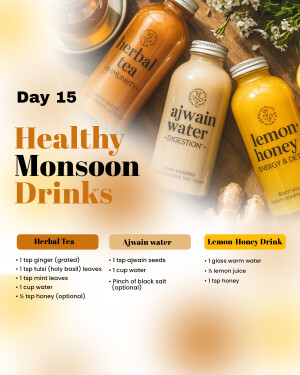 Three bottles of herbal drinks - Herbal Tea, Ajwain Water, and Lemon Honey Drink - with ingredients listed.
