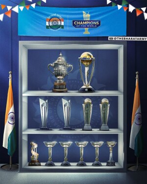 Display of Cricket World Cup trophies with Indian flags