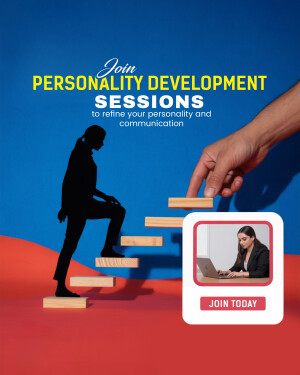 Image promoting personality development sessions with a person climbing stairs and a hand guiding them.