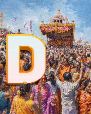 Colorful painting of the Rath Yatra festival with a large letter 'D' in the foreground.