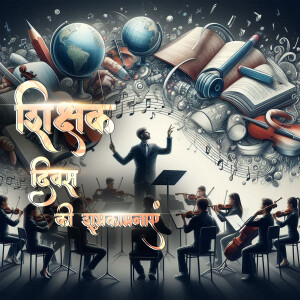 Illustration depicting a conductor leading an orchestra with educational elements surrounding them, celebrating Teachers Day.