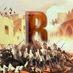 Historical painting depicting the Siege of Delhi with a large letter 'R' superimposed.