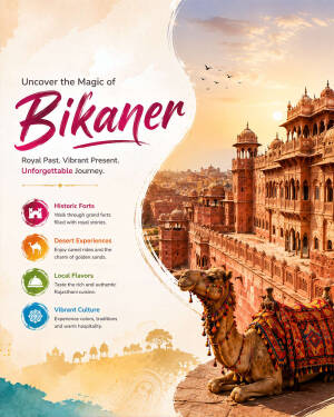 A beautifully designed travel poster showcasing the historic architecture and camel tourism of Bikaner, Rajasthan.