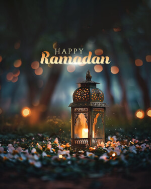 Ramadan lantern with floral decorations and bokeh lights