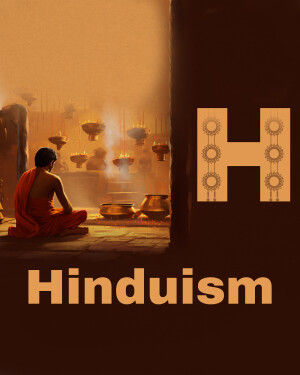 A monk meditating in a temple with lit lamps and the word Hinduism