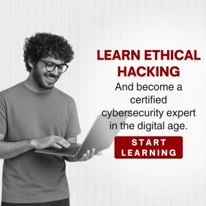 Man using a laptop with text promoting ethical hacking course