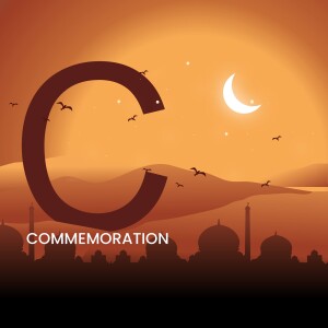Letter 'C' with crescent moon and mosque silhouette for Ramadan