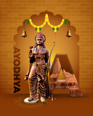 Digital artwork depicting Lord Rama with the Ayodhya temple in the background.