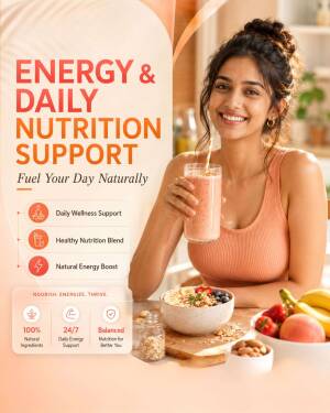 A smiling woman holding a healthy fruit smoothie next to a bowl of granola and fresh fruit with text promoting daily nutrition support