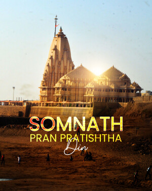 Somnath Temple with 'Somnath Pran Pratishtha Din' text overlay