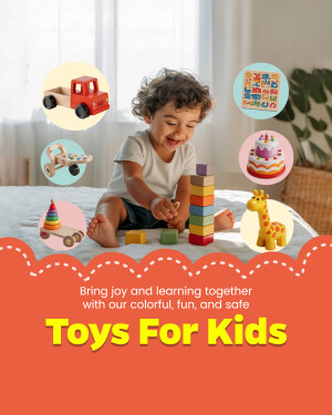 A young child playing with colorful wooden toys on a bed.