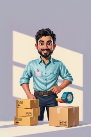 Cartoon illustration of a delivery man with packages